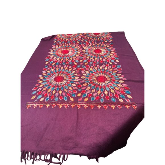 Shawl Floral Embroidered Wrap Scarf Womens Fringe Soft Oversized Purple - Picture 6 of 16